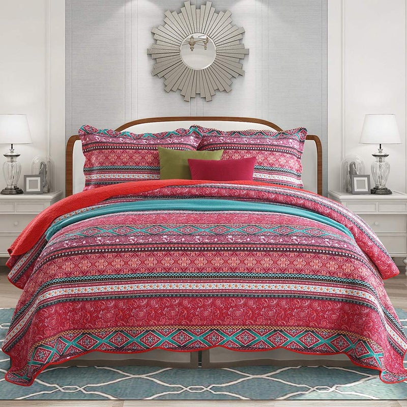 NEWLAKE Cotton Bedspread Quilt Sets-Reversible Patchwork Coverlet Set, Striped Bohemian Pattern,Queen Size - Image 1